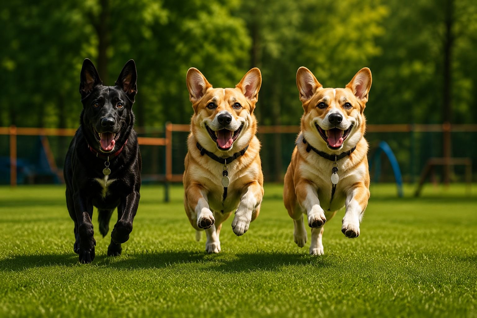 Three dogs running together